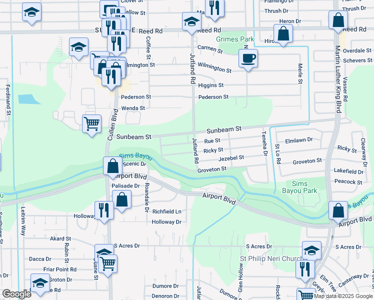 map of restaurants, bars, coffee shops, grocery stores, and more near 5100 Ricky Street in Houston