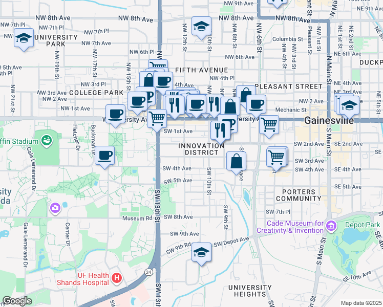 map of restaurants, bars, coffee shops, grocery stores, and more near 1113 Southwest 3rd Avenue in Gainesville