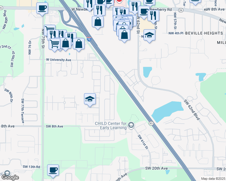 map of restaurants, bars, coffee shops, grocery stores, and more near 230 Bishop Drive in Gainesville