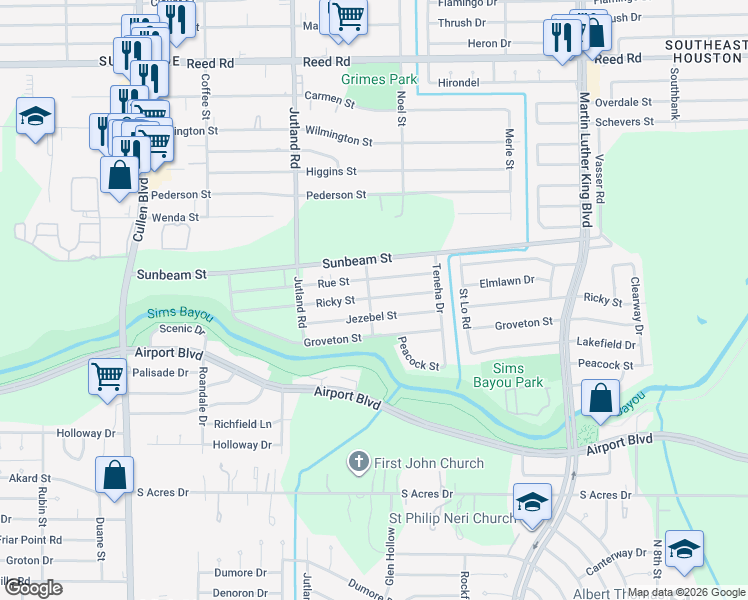 map of restaurants, bars, coffee shops, grocery stores, and more near 5221 Jezebel Street in Houston