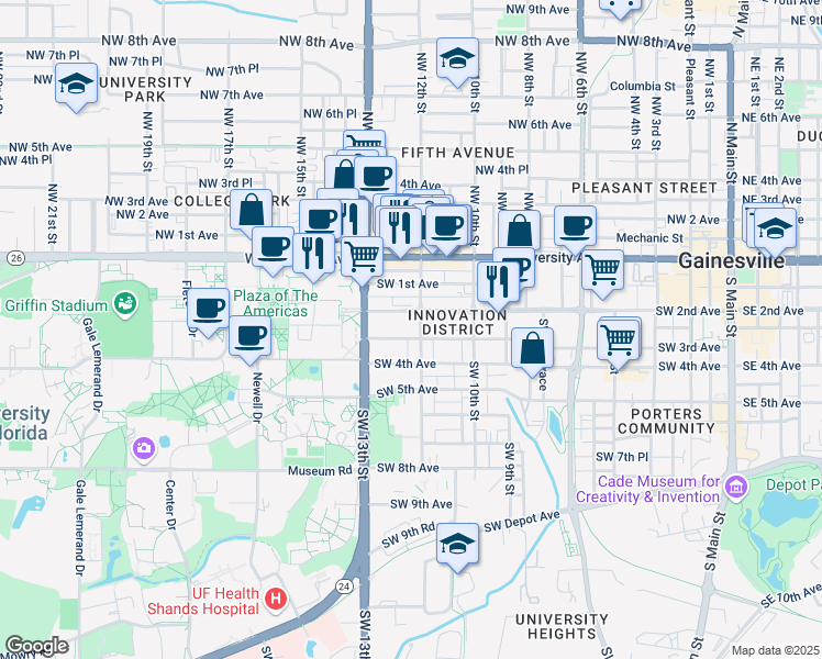 map of restaurants, bars, coffee shops, grocery stores, and more near 1231 Southwest 3rd Avenue in Gainesville