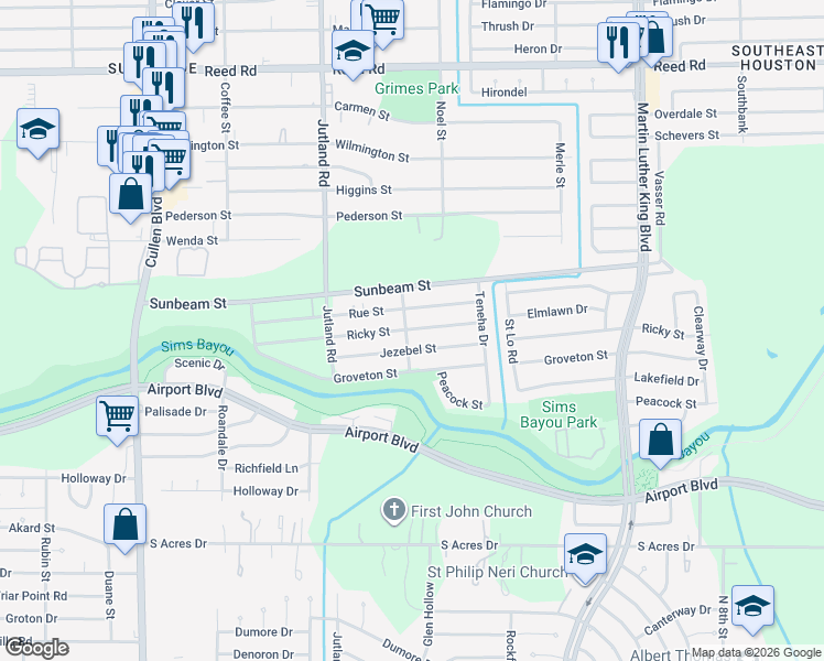 map of restaurants, bars, coffee shops, grocery stores, and more near 5221 Jezebel Street in Houston