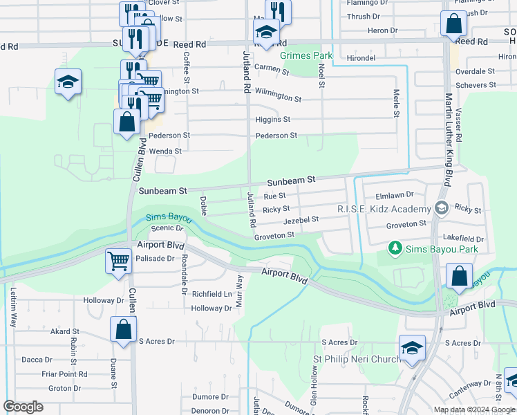map of restaurants, bars, coffee shops, grocery stores, and more near 5121 Jezebel Street in Houston