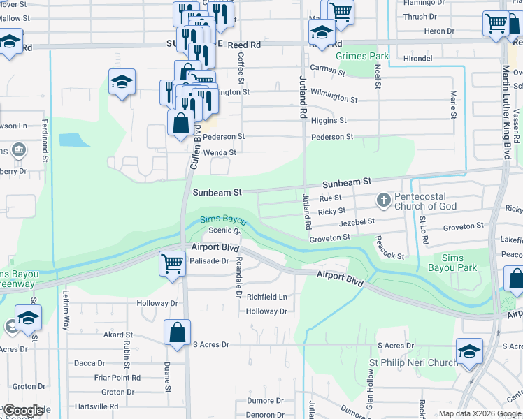 map of restaurants, bars, coffee shops, grocery stores, and more near 4825 Scenic Drive in Houston
