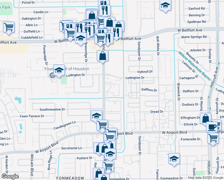 map of restaurants, bars, coffee shops, grocery stores, and more near 12101 Fondren Road in Houston