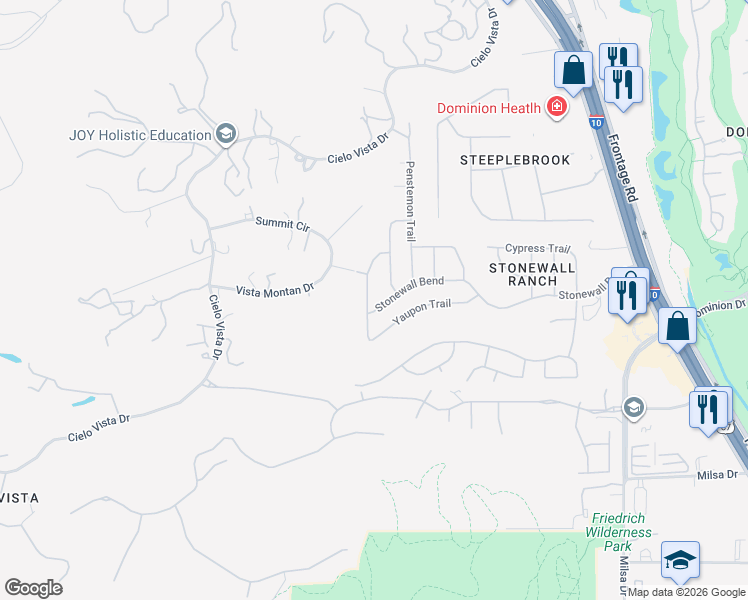map of restaurants, bars, coffee shops, grocery stores, and more near 134 Stonewall Bend in San Antonio
