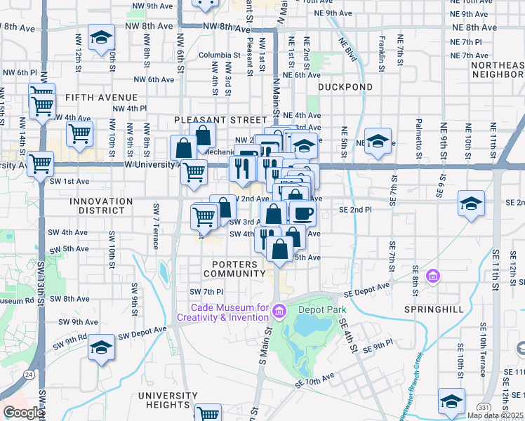 map of restaurants, bars, coffee shops, grocery stores, and more near 151 Southwest 2nd Avenue in Gainesville