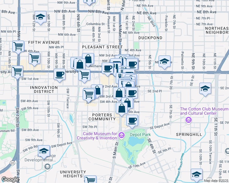 map of restaurants, bars, coffee shops, grocery stores, and more near 151 Southwest 2nd Avenue in Gainesville