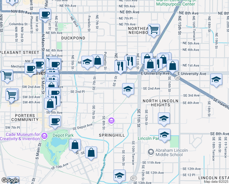 map of restaurants, bars, coffee shops, grocery stores, and more near 310 Southeast 9 Street in Gainesville