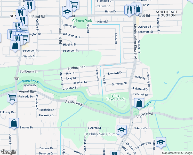 map of restaurants, bars, coffee shops, grocery stores, and more near 5426 Jezebel Street in Houston