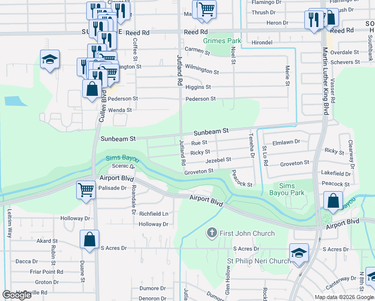 map of restaurants, bars, coffee shops, grocery stores, and more near 5121 Jezebel Street in Houston