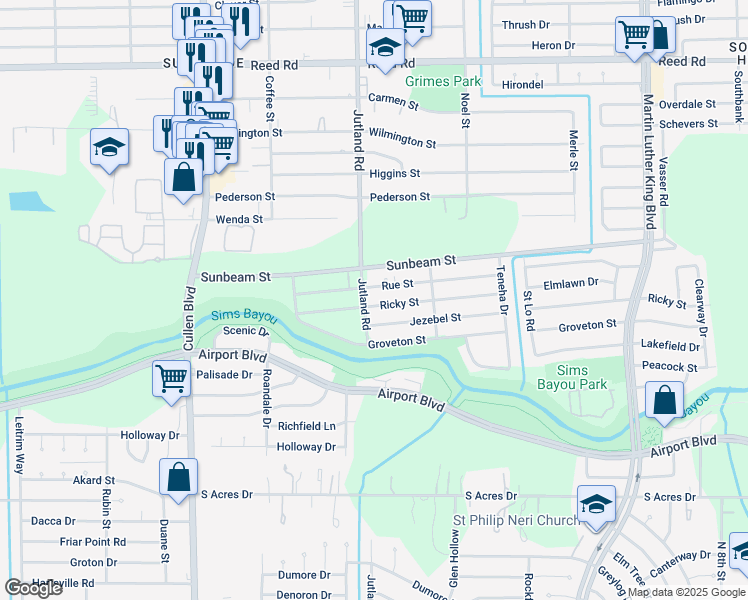 map of restaurants, bars, coffee shops, grocery stores, and more near 5121 Jezebel Street in Houston