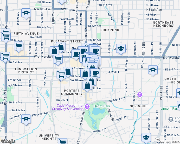 map of restaurants, bars, coffee shops, grocery stores, and more near 235 South Main Street in Gainesville