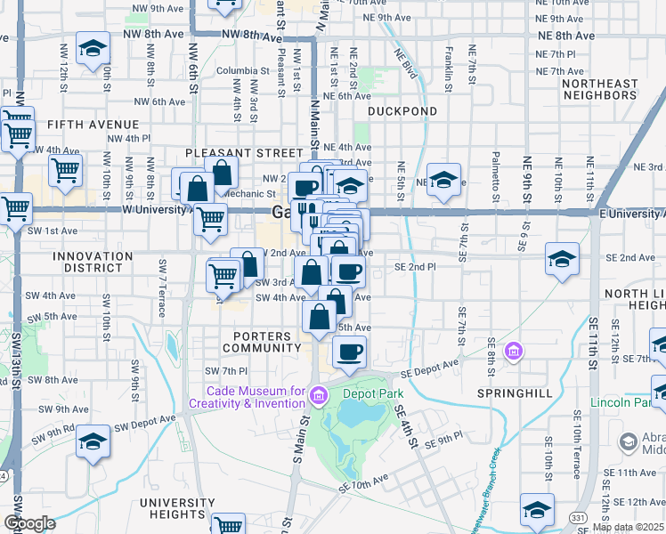map of restaurants, bars, coffee shops, grocery stores, and more near 235 South Main Street in Gainesville