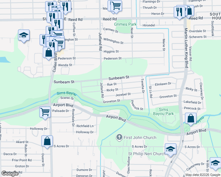map of restaurants, bars, coffee shops, grocery stores, and more near 5121 Jezebel Street in Houston