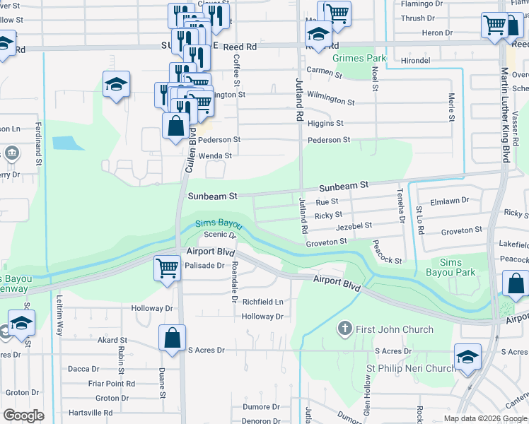map of restaurants, bars, coffee shops, grocery stores, and more near 4914 Ricky Street in Houston