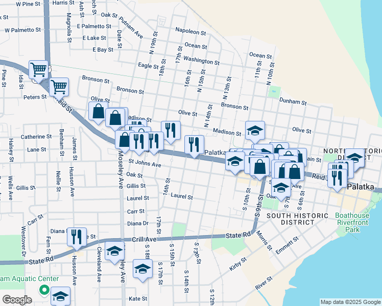map of restaurants, bars, coffee shops, grocery stores, and more near 1400 Florida 15 in Palatka