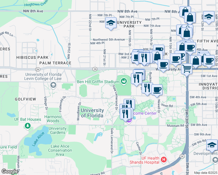 map of restaurants, bars, coffee shops, grocery stores, and more near 250 Gale Lemerand Drive in Gainesville