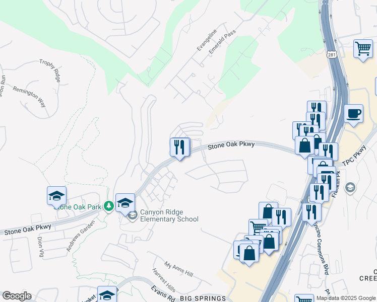 map of restaurants, bars, coffee shops, grocery stores, and more near 20659 Stone Oak Parkway in San Antonio