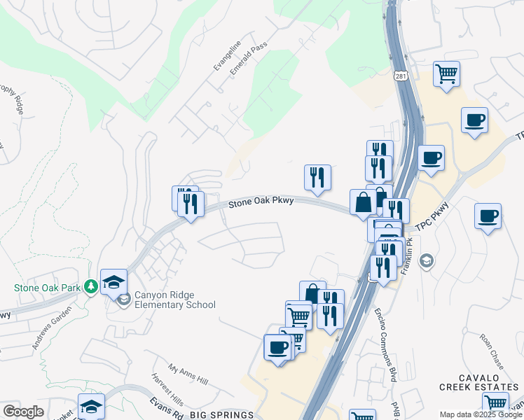 map of restaurants, bars, coffee shops, grocery stores, and more near 20742 Stone Oak Parkway in San Antonio