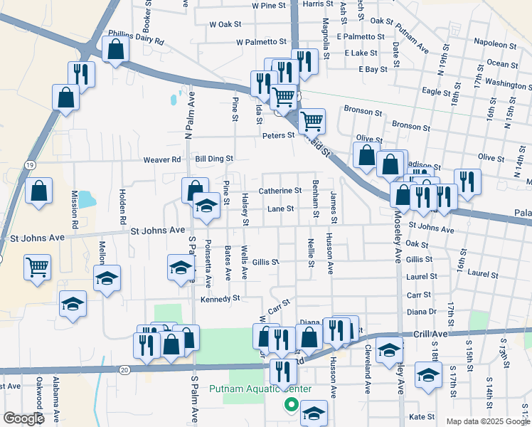 map of restaurants, bars, coffee shops, grocery stores, and more near 2806 Saint Johns Avenue in Palatka