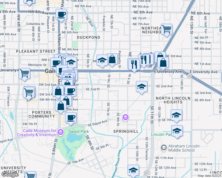 map of restaurants, bars, coffee shops, grocery stores, and more near 747 Southeast 2nd Place in Gainesville