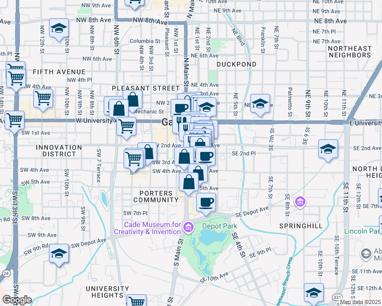 map of restaurants, bars, coffee shops, grocery stores, and more near 235 South Main Street in Gainesville