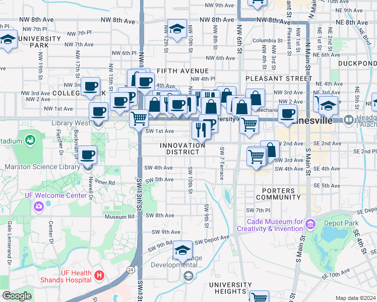 map of restaurants, bars, coffee shops, grocery stores, and more near 1001 Southwest 3rd Avenue in Gainesville