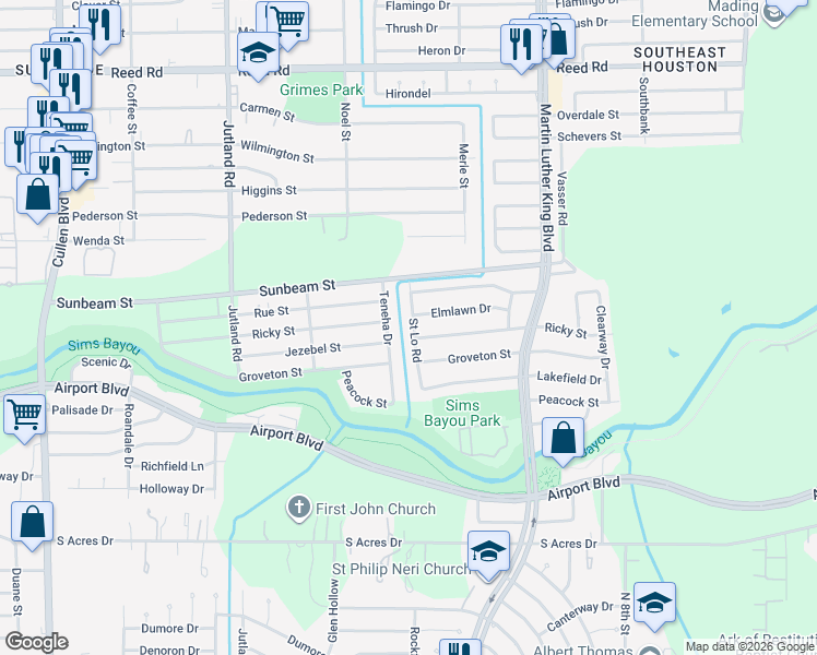 map of restaurants, bars, coffee shops, grocery stores, and more near 5502 Ricky Street in Houston