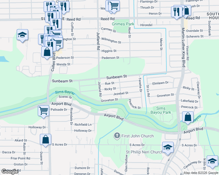 map of restaurants, bars, coffee shops, grocery stores, and more near 5121 Jezebel Street in Houston