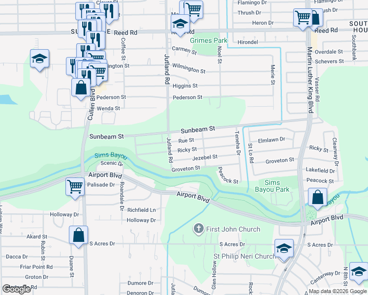 map of restaurants, bars, coffee shops, grocery stores, and more near 5121 Jezebel Street in Houston