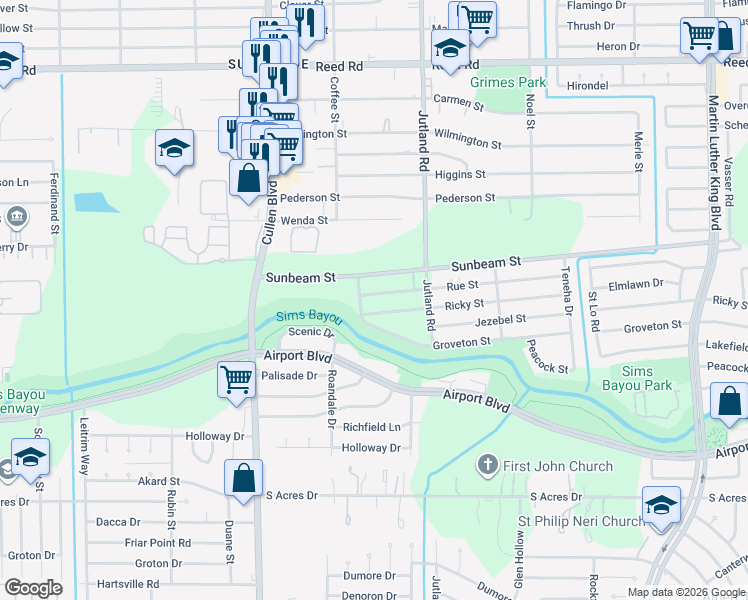map of restaurants, bars, coffee shops, grocery stores, and more near 4914 Ricky Street in Houston