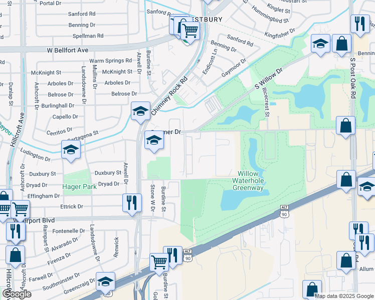 map of restaurants, bars, coffee shops, grocery stores, and more near 5541 Gasmer Drive in Houston