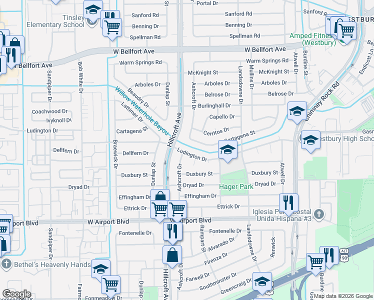 map of restaurants, bars, coffee shops, grocery stores, and more near 5827 Ludington Drive in Houston