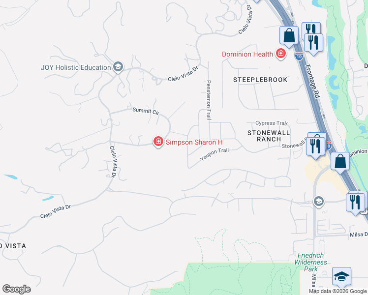 map of restaurants, bars, coffee shops, grocery stores, and more near 134 Stonewall Bend in San Antonio