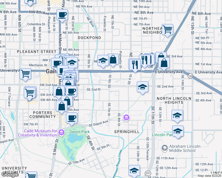map of restaurants, bars, coffee shops, grocery stores, and more near 747 Southeast 2nd Place in Gainesville