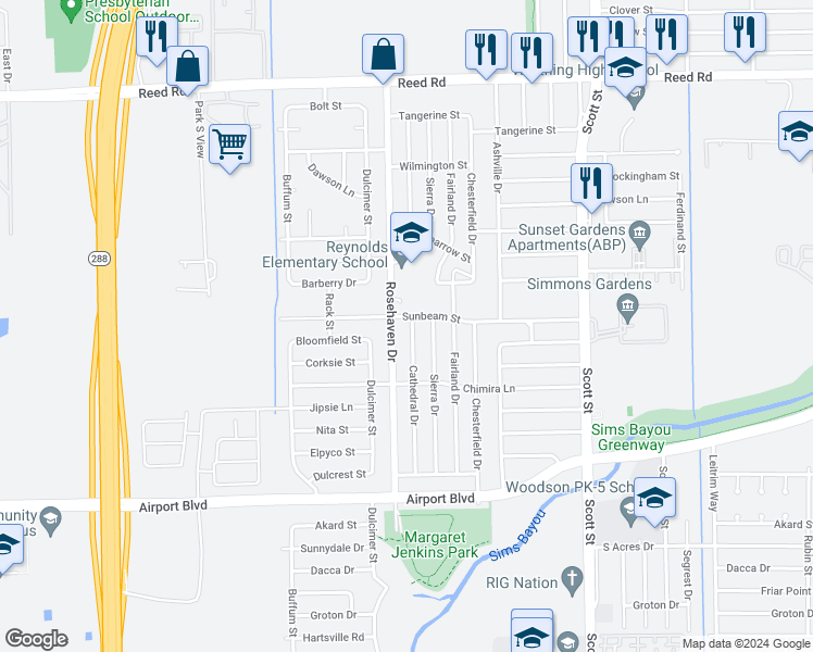 map of restaurants, bars, coffee shops, grocery stores, and more near 10006 Cathedral Drive in Houston