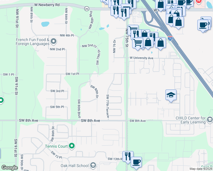 map of restaurants, bars, coffee shops, grocery stores, and more near 327 Southwest 77th Terrace in Gainesville