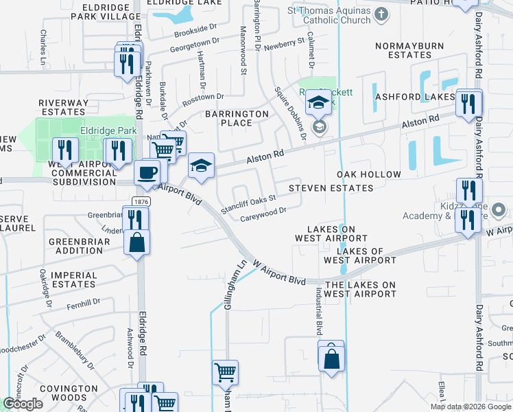 map of restaurants, bars, coffee shops, grocery stores, and more near 13011 Careywood Drive in Sugar Land
