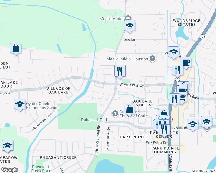 map of restaurants, bars, coffee shops, grocery stores, and more near 16723 Cobbler Crossing Drive in Sugar Land