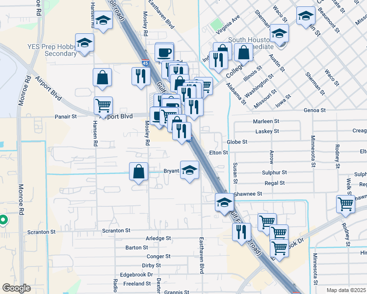 map of restaurants, bars, coffee shops, grocery stores, and more near 9906 Gulf Freeway in Houston