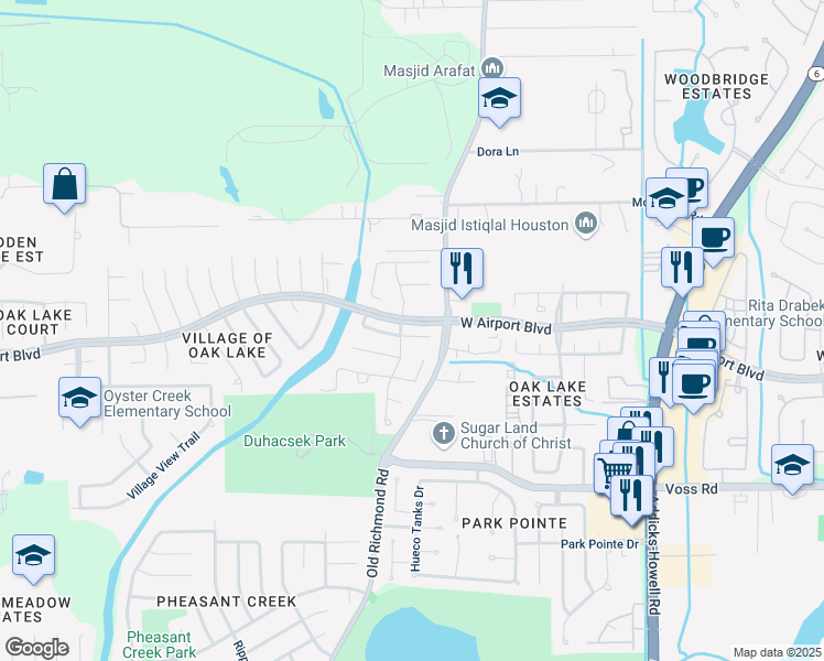 map of restaurants, bars, coffee shops, grocery stores, and more near 16723 Cobbler Crossing Drive in Sugar Land