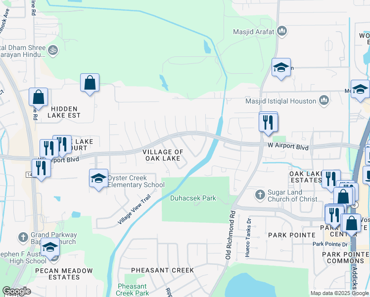 map of restaurants, bars, coffee shops, grocery stores, and more near 16450 Concord Falls Lane in Sugar Land