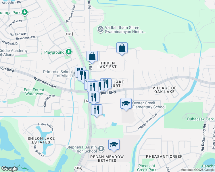map of restaurants, bars, coffee shops, grocery stores, and more near 16342 Goanna Court in Sugar Land