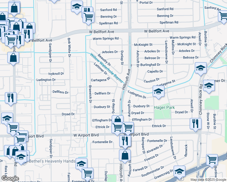 map of restaurants, bars, coffee shops, grocery stores, and more near 5910 Dawnridge Drive in Houston