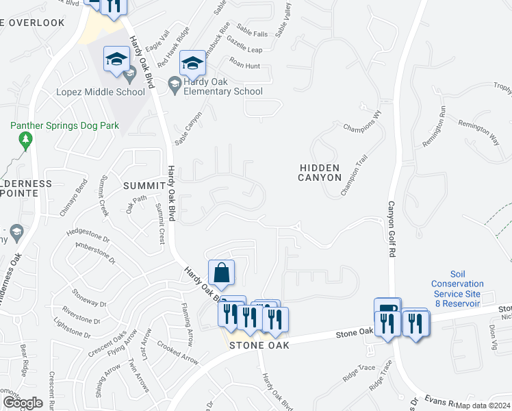 map of restaurants, bars, coffee shops, grocery stores, and more near 515 Mesa Loop in San Antonio