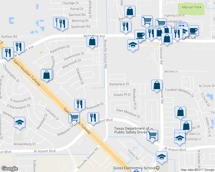map of restaurants, bars, coffee shops, grocery stores, and more near 12315 Shelwick Drive in Houston