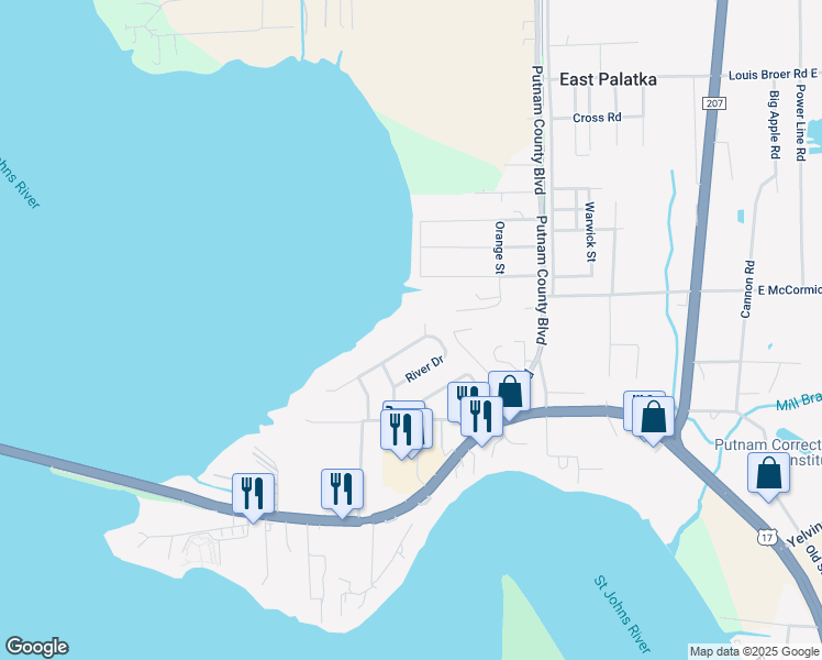 map of restaurants, bars, coffee shops, grocery stores, and more near 215 River Drive in East Palatka