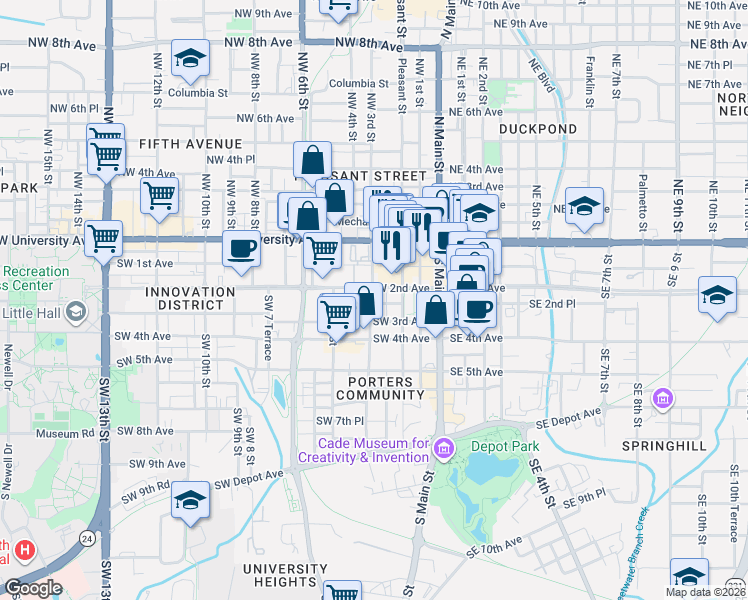 map of restaurants, bars, coffee shops, grocery stores, and more near 230 Southwest 2nd Avenue in Gainesville