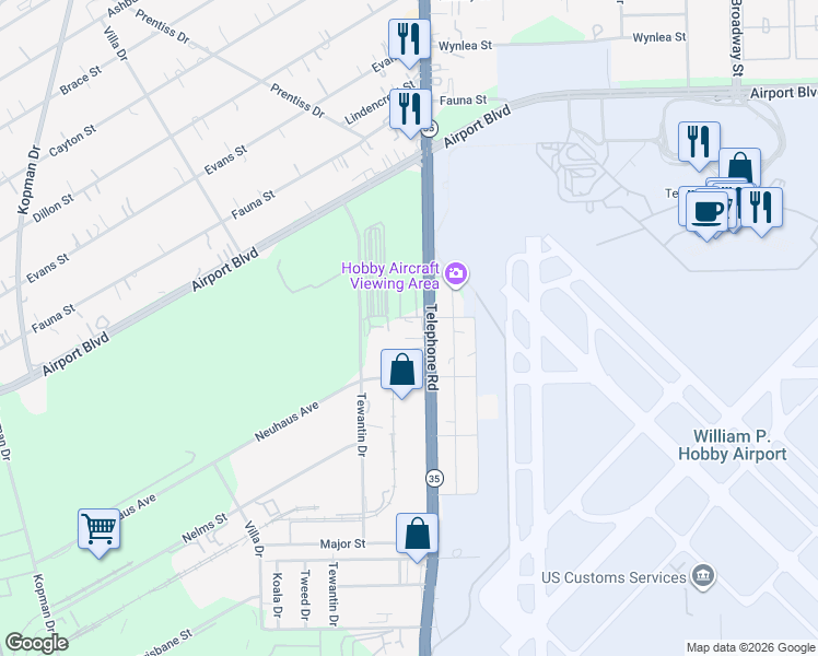 map of restaurants, bars, coffee shops, grocery stores, and more near 8200 Telephone Road in Houston